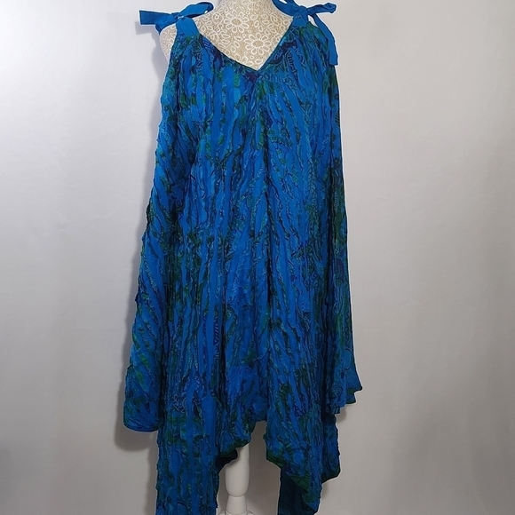 Women's Blue Textured Asymmetrical Wide Leg Shoulder Tie Pockets Jumpsuit Romper - Picture 1 of 14